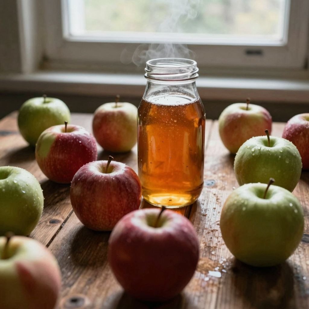 Apple cider vinegar in a glass bottle surrounded by fresh red and green apples on a wooden table.