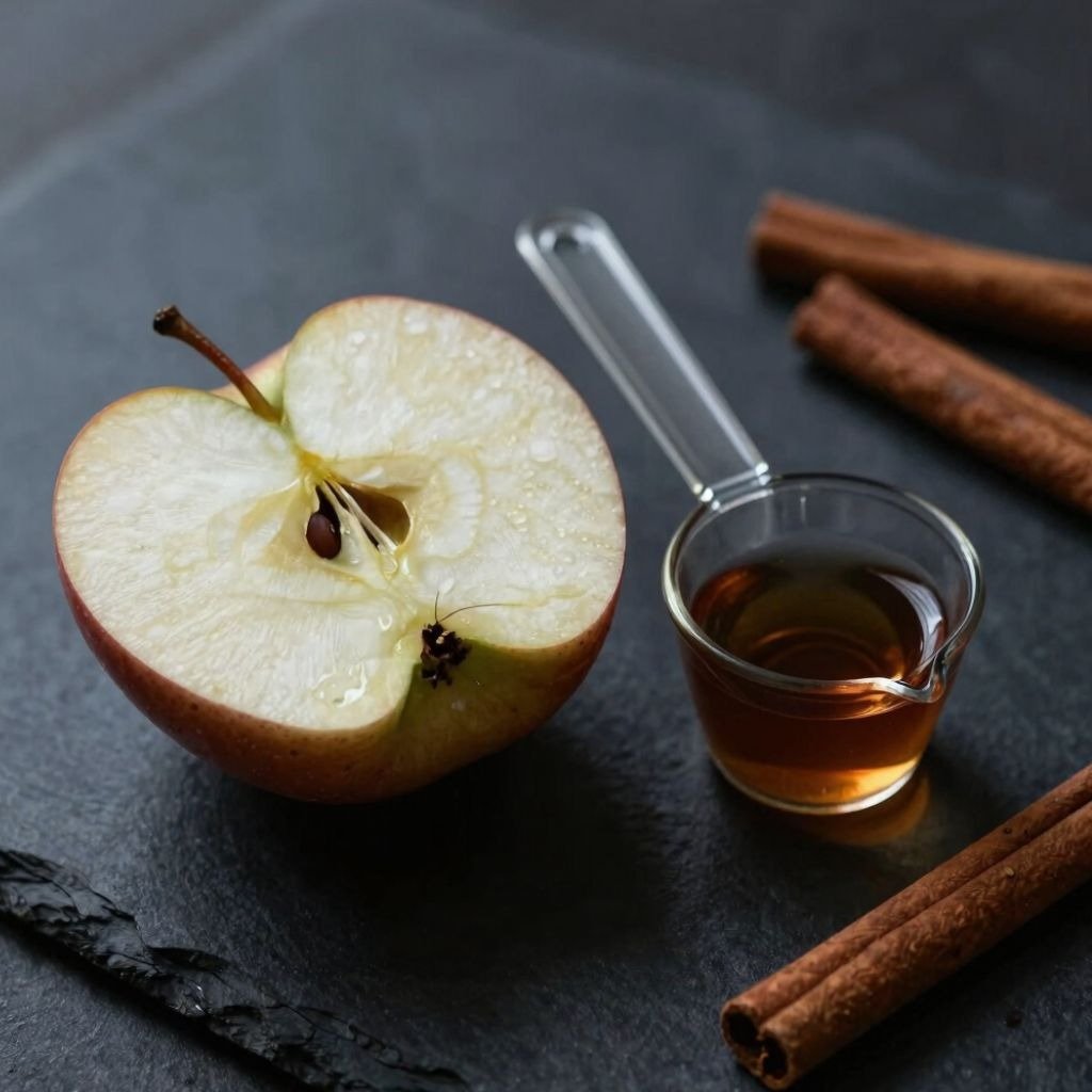 A fresh apple half with seeds beside a glass measure of maple syrup and cinnamon sticks on a dark slate background.