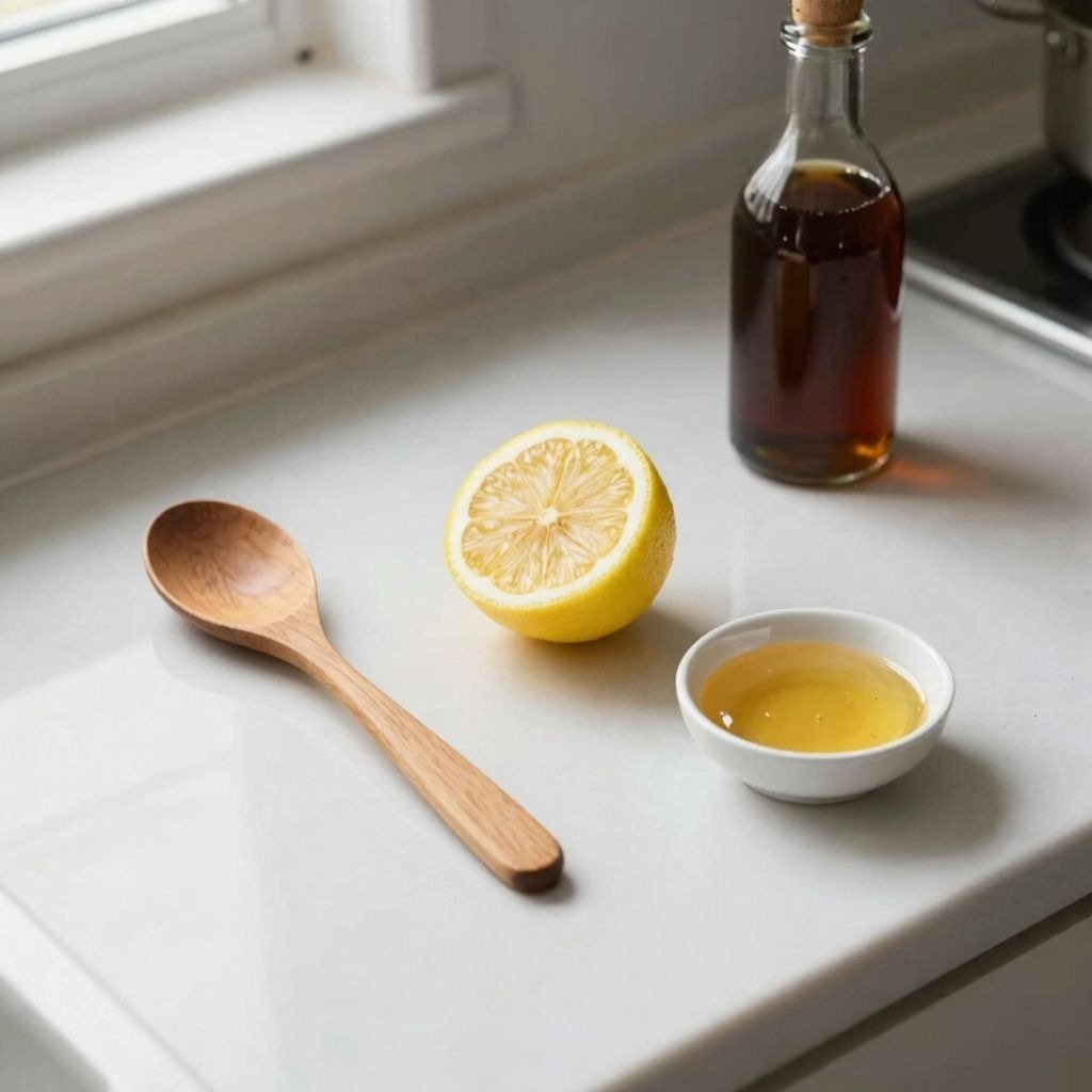 A wooden spoon, fresh halved lemon, bowl of honey, and glass bottle on a white kitchen counter.