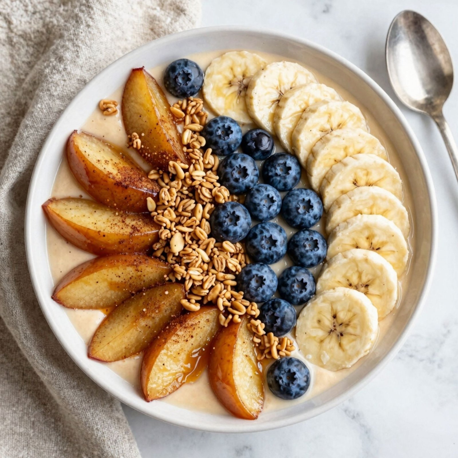 A healthy breakfast smoothie bowl topped with sliced bananas, fresh blueberries, roasted plums, and crunchy granola.