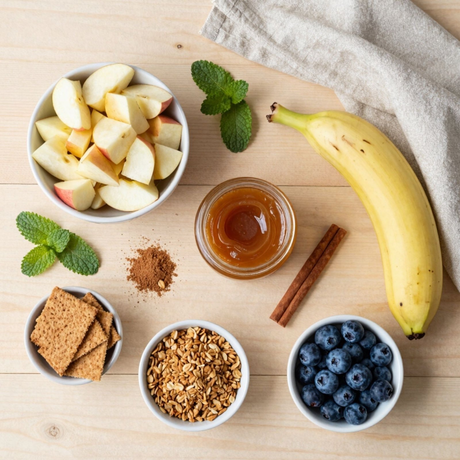 Overhead view of healthy ingredients with sliced apples, banana, blueberries, granola, and caramel dip on wood.