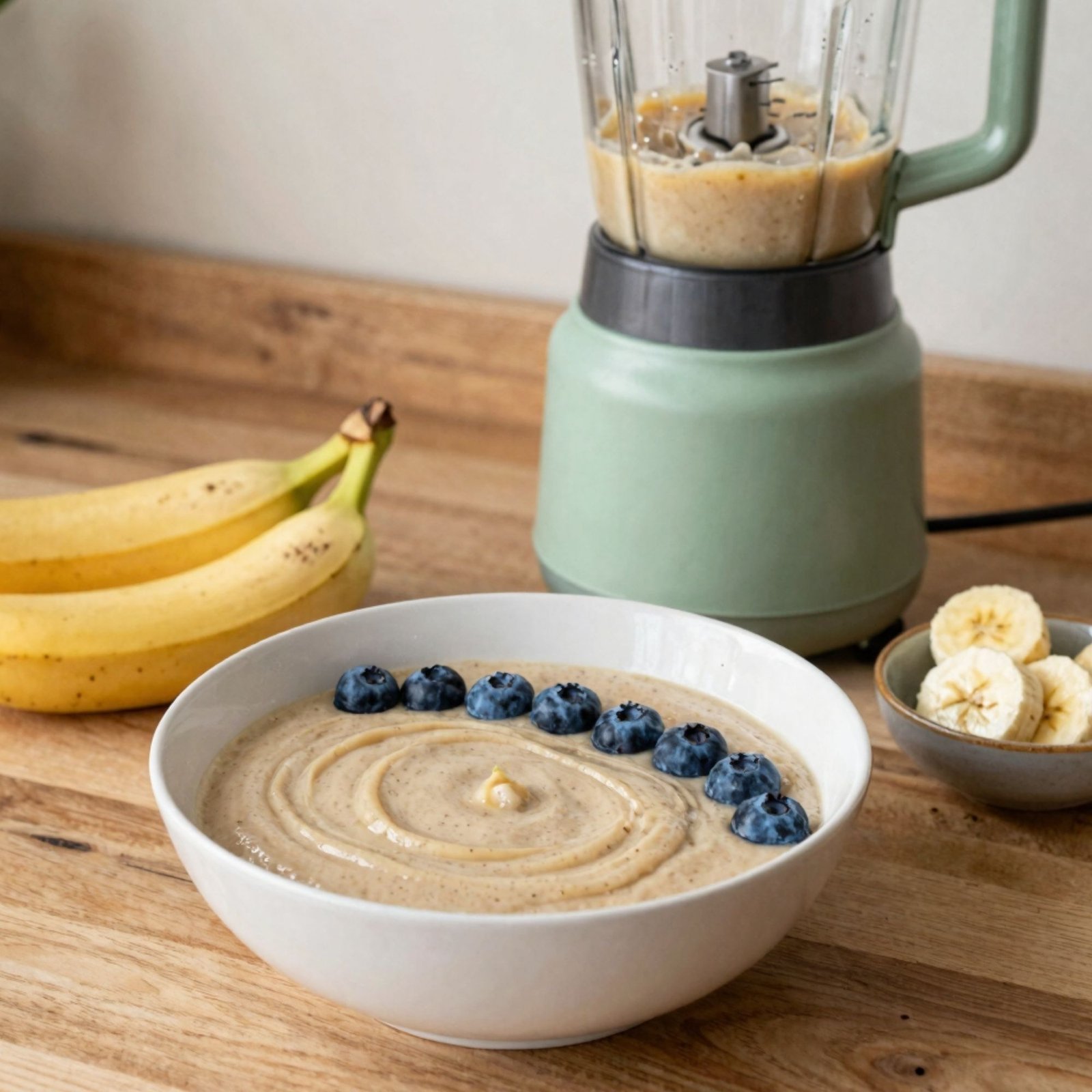 A healthy apple smoothie bowl topped with blueberries next to a green blender on a wooden counter.