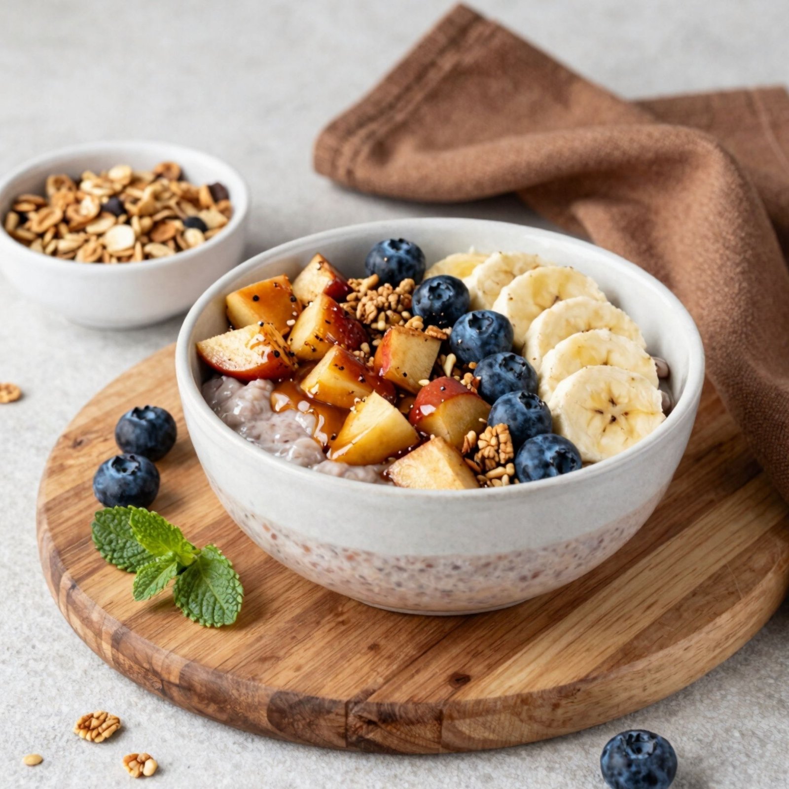 A healthy breakfast bowl topped with fresh banana slices, blueberries, diced apples, and crunchy granola.