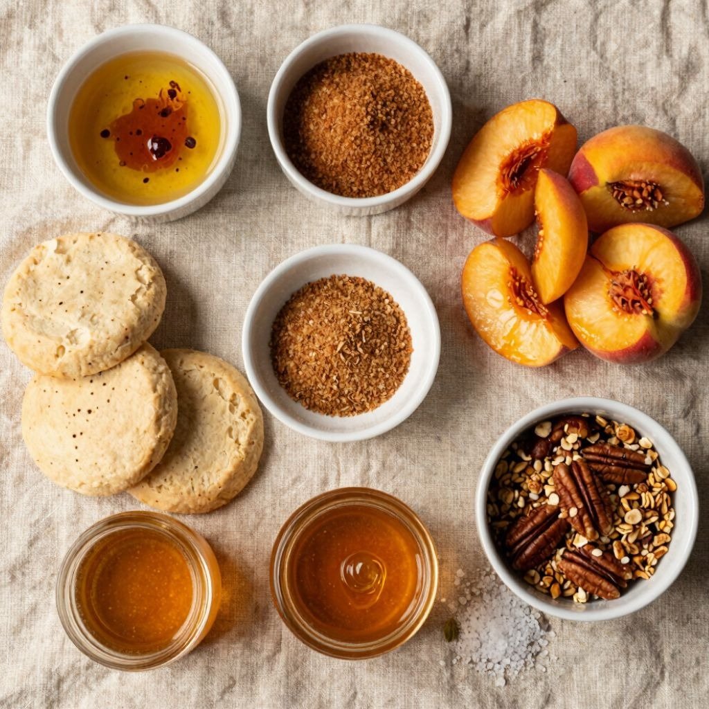 Flat lay of ingredients including fresh peaches, pecans, honey, brown sugar, and shortbread crust dough.