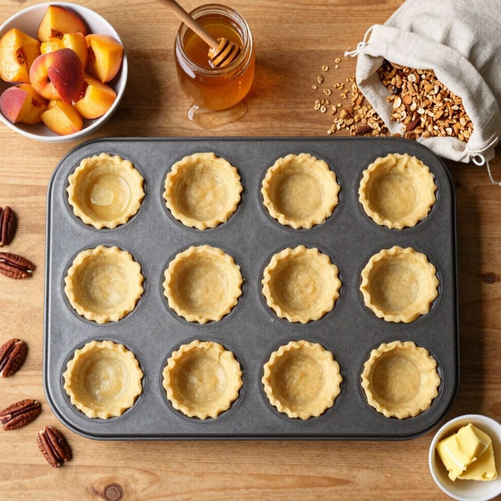 Mini tart crusts in a muffin tin with fresh peaches, honey, pecans, and butter on a wooden table.