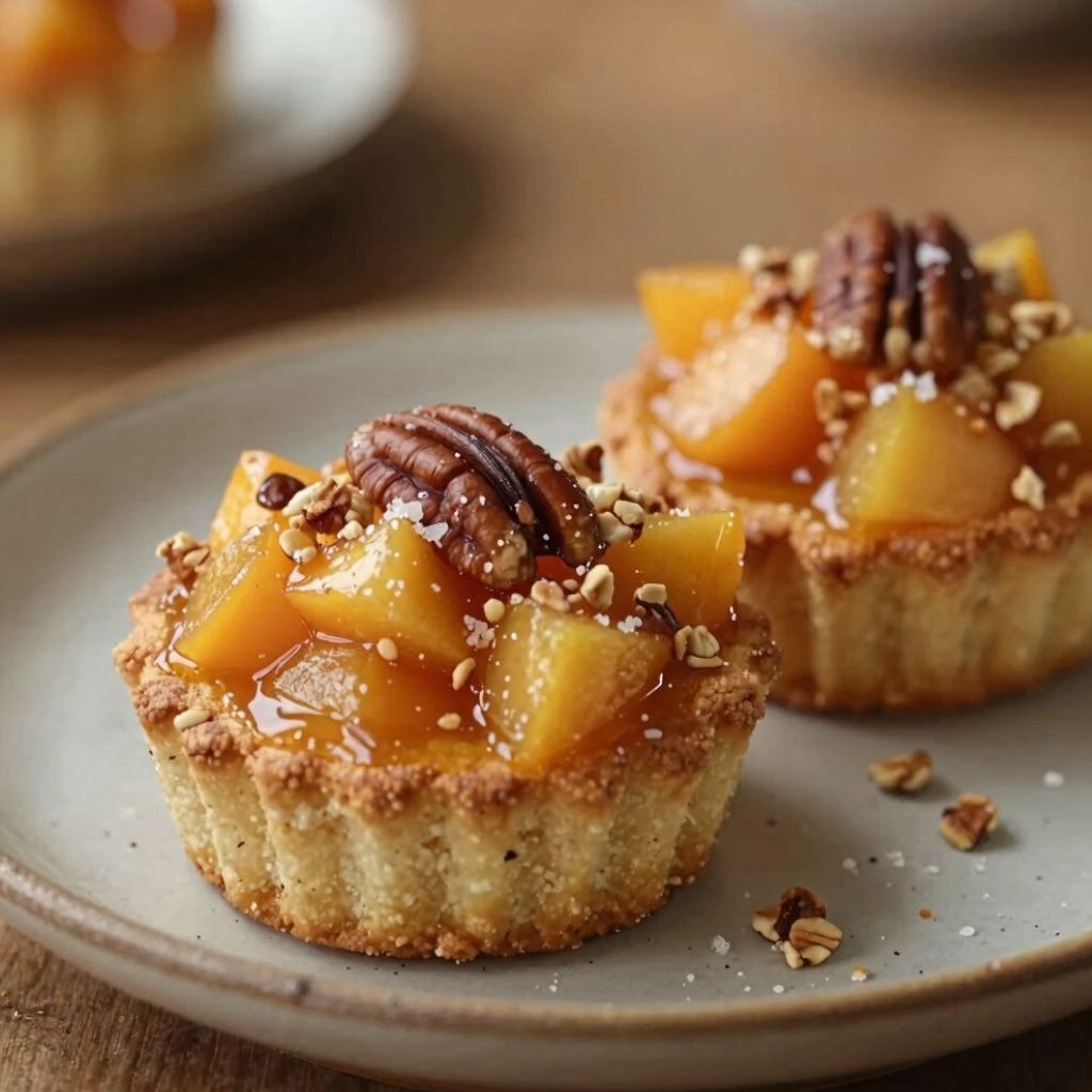 Gourmet mini peach cobbler topped with crunchy pecans, and a sprinkle of sea salt on a ceramic plate