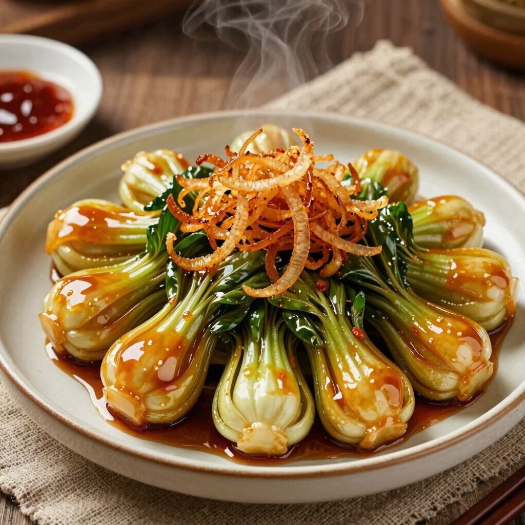 Steaming bok choy arranged in a circle, drizzled with savory sauce and topped with fried onions