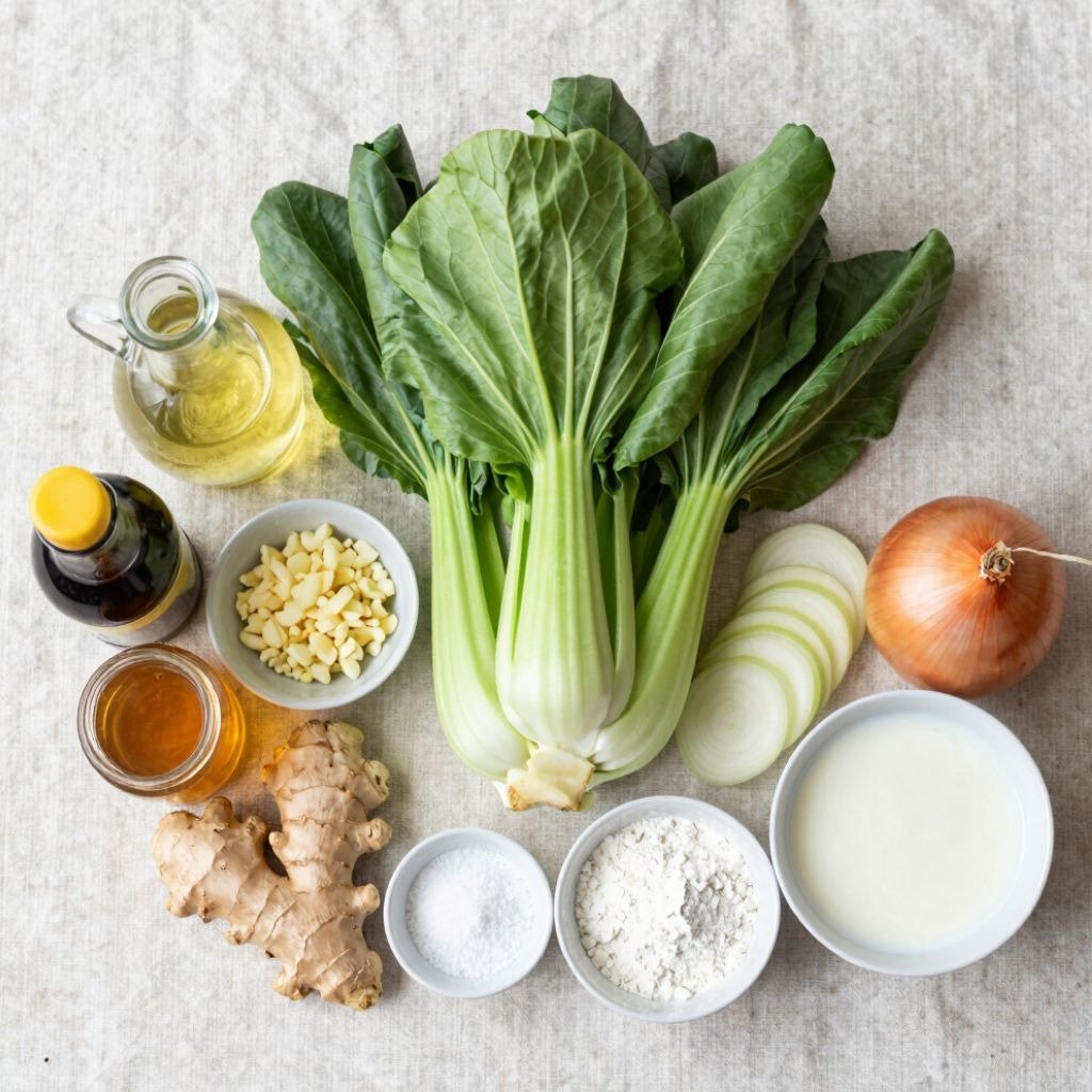 Fresh ingredients for cooking including bok choy, ginger root, onion, garlic, oil, and spices on a neutral linen background.