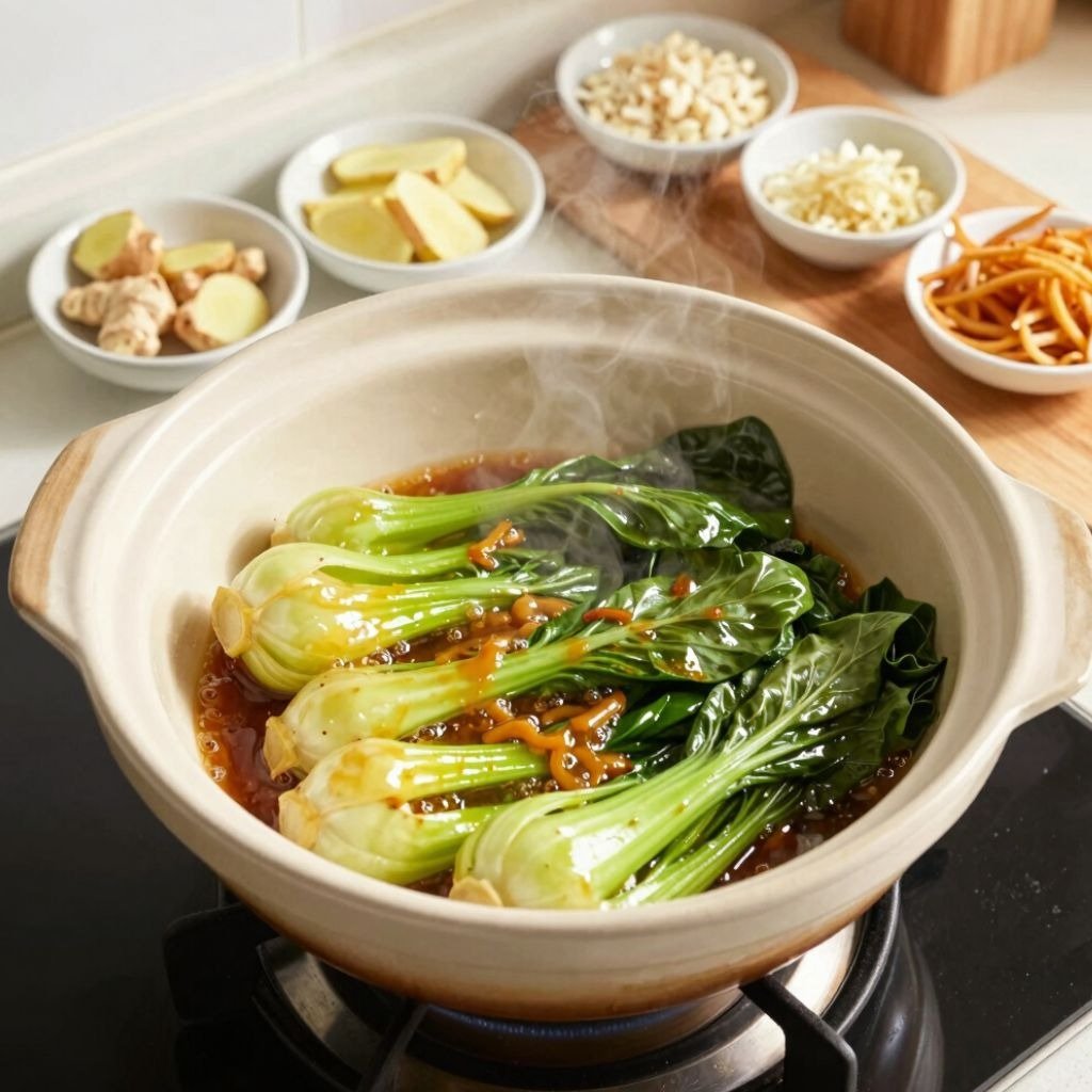 Fresh green bok choy simmering in a savory soy sauce broth inside a clay pot with ginger and garlic