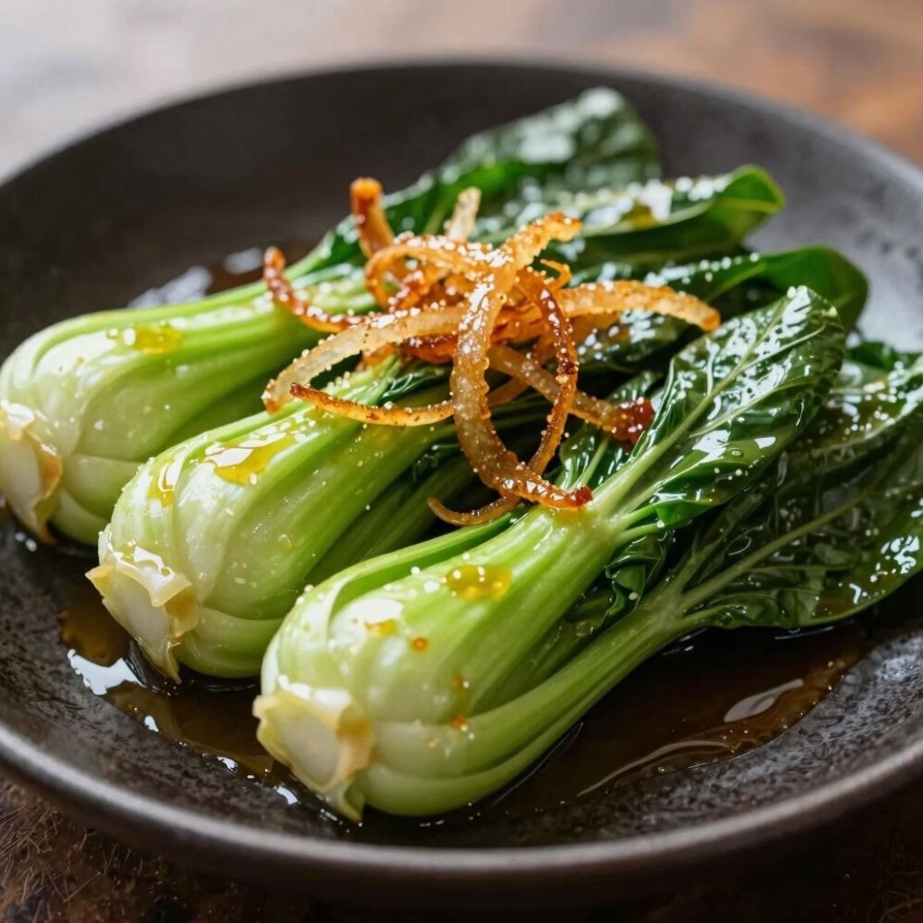 Freshly cooked baby bok choy drizzled with savory soy sauce glaze and topped with crispy fried onions in a dark bowl.