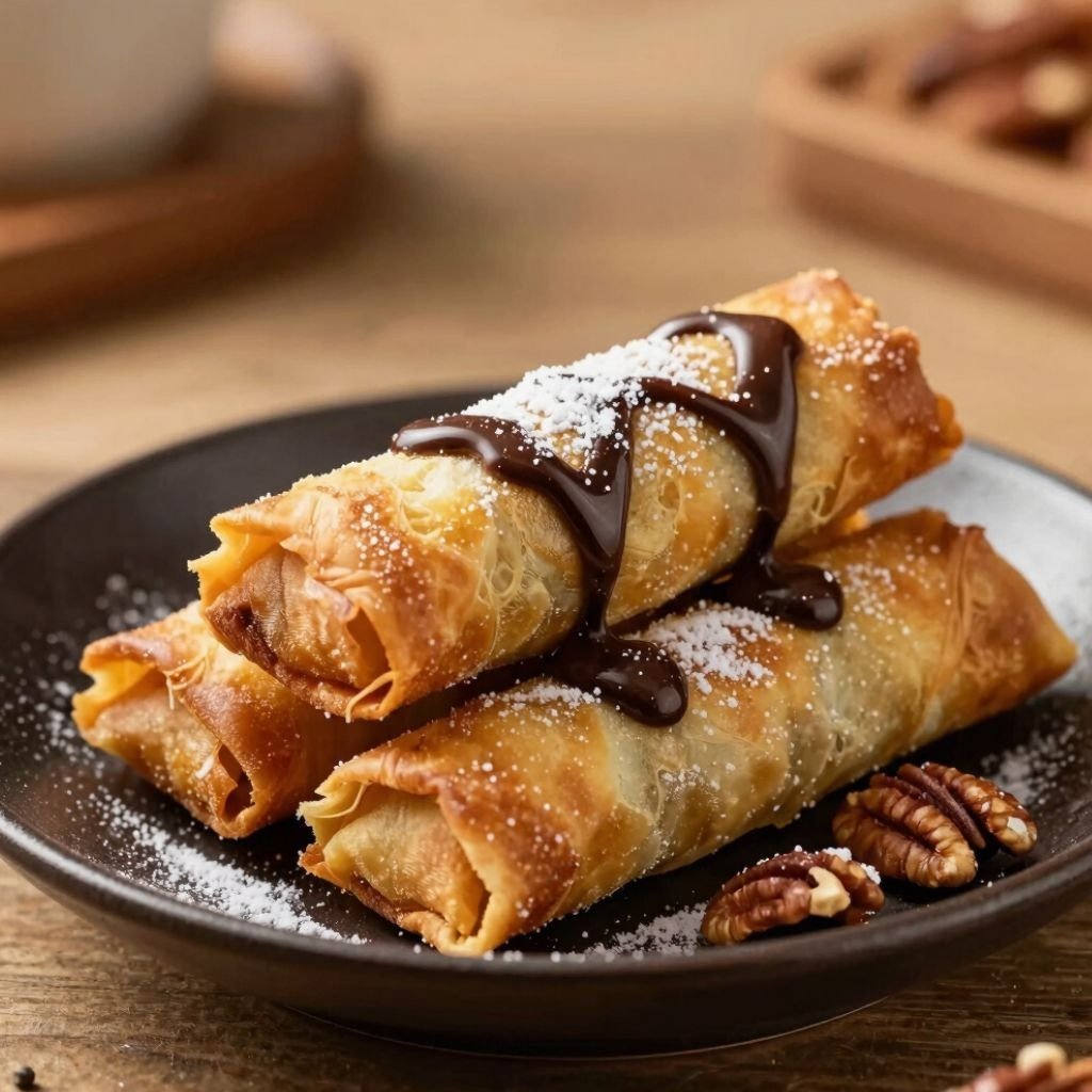 Crispy golden phyllo pastry rolls drizzled with chocolate sauce and powdered sugar on a plate with pecans.