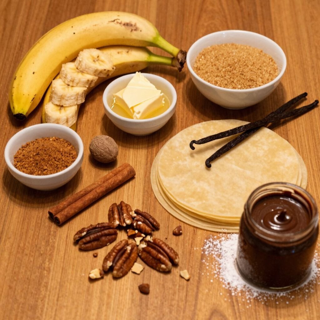 Fresh bananas, pecans, cinnamon, and chocolate spread arranged with tortillas for a sweet dessert recipe.