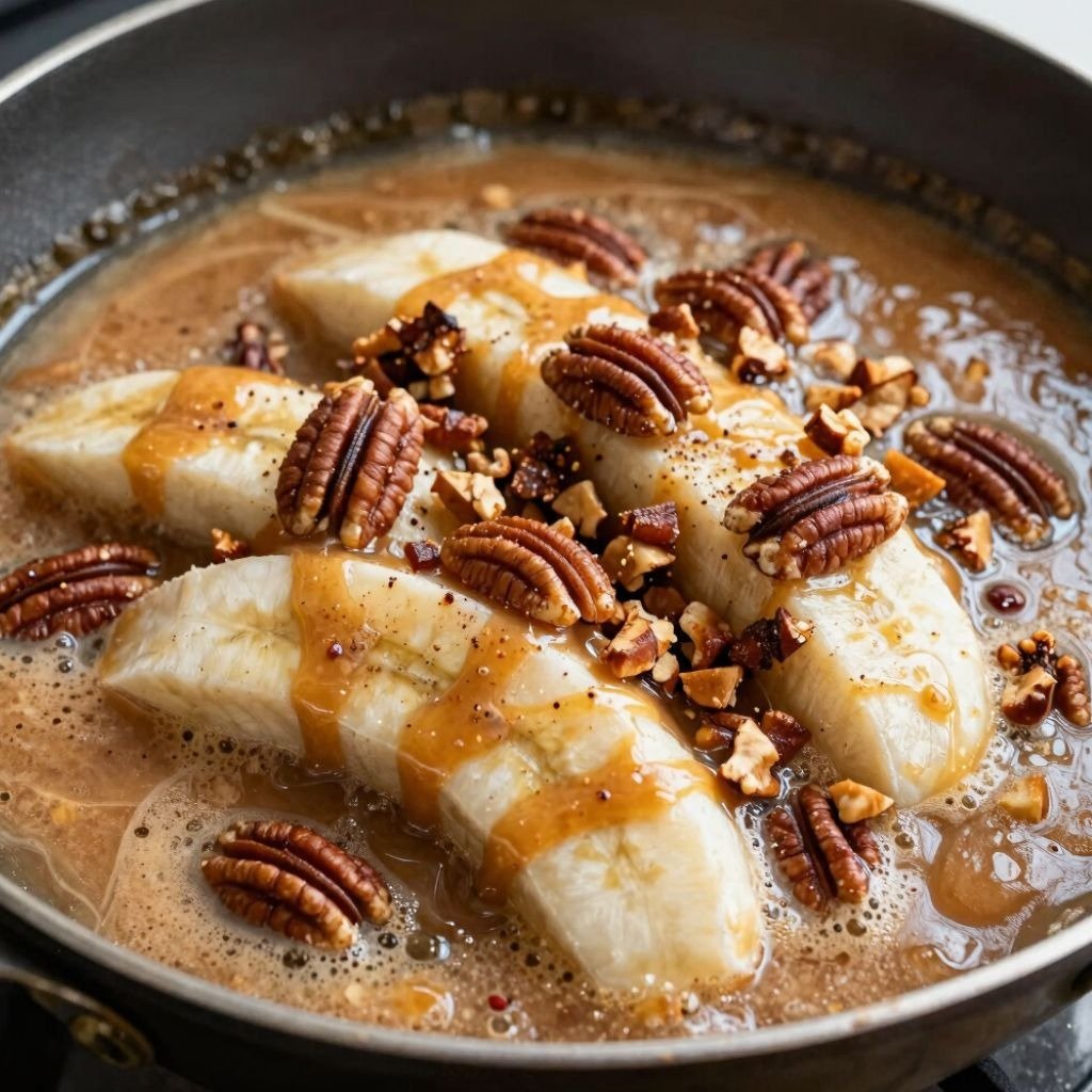 Sliced bananas simmering in a caramel sauce topped with crunchy pecan halves in a skillet for a Bana