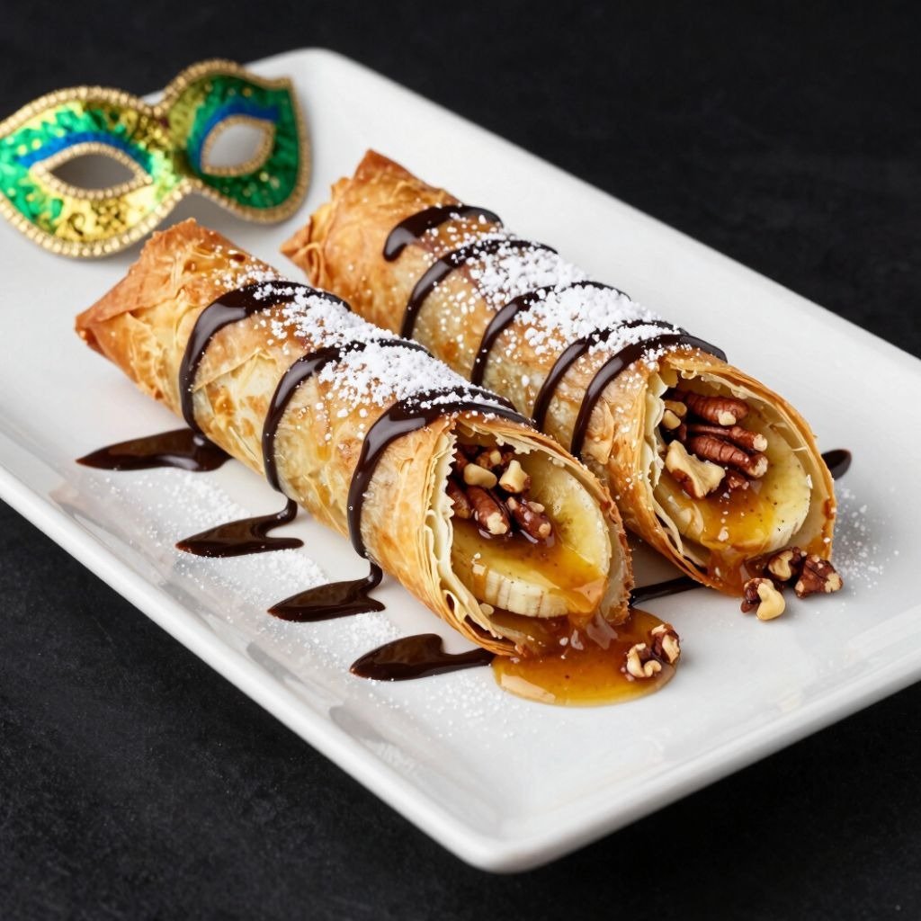 Two crispy bananas foster egg rolls drizzled with chocolate sauce, caramel, and pecans.