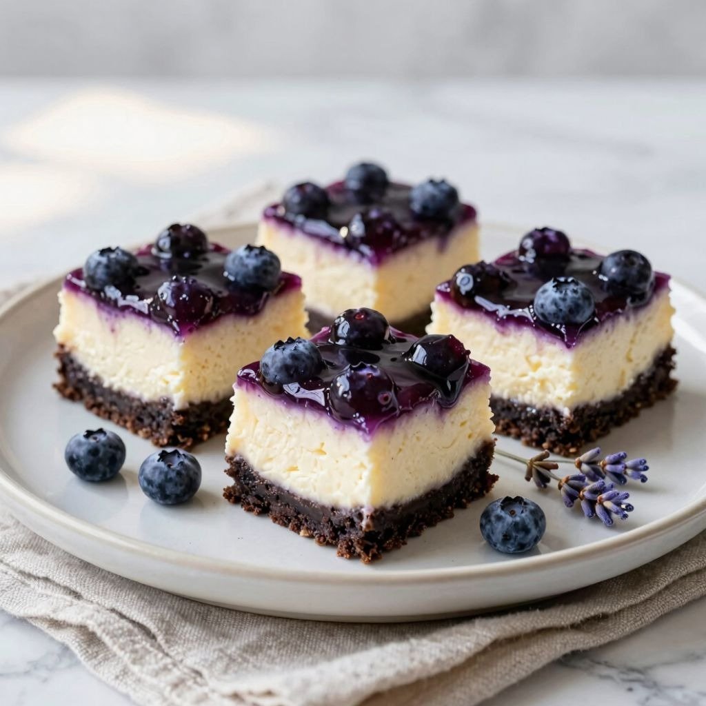 Four slices of blueberry cheesecake bars with a chocolate crust and fresh berries on a white ceramic plate.