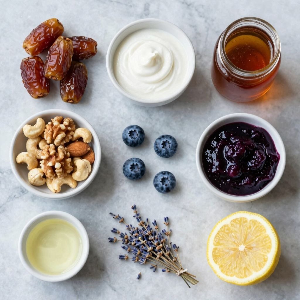 A healthy flat lay of honey, fresh blueberries, nuts, dates, and lemon for a nutritious breakfast.