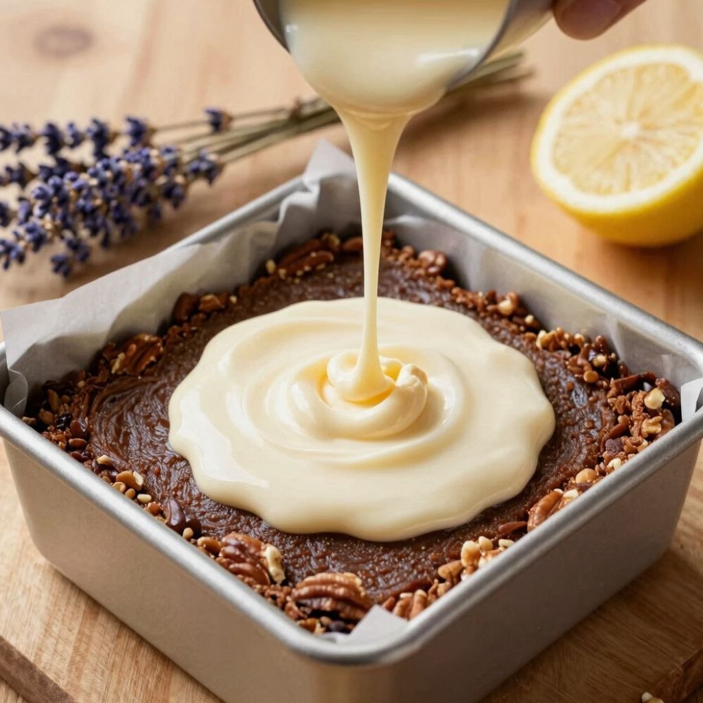 Vegan cheesecake batter pouring onto a square date crust with lemon garnishes on a wood board.