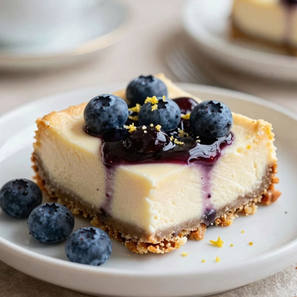 Square slice of creamy cheesecake topped with fresh blueberries, purple fruit sauce, and lemon zest on a white plate.