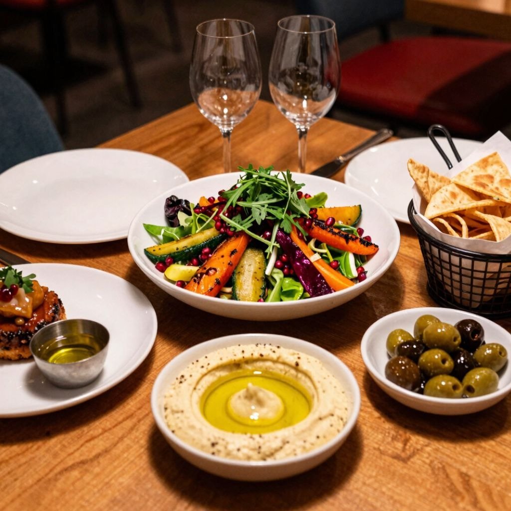 A healthy spread of Mediterranean food featuring roasted vegetable salad, hummus, olives, and wine on a wooden table.