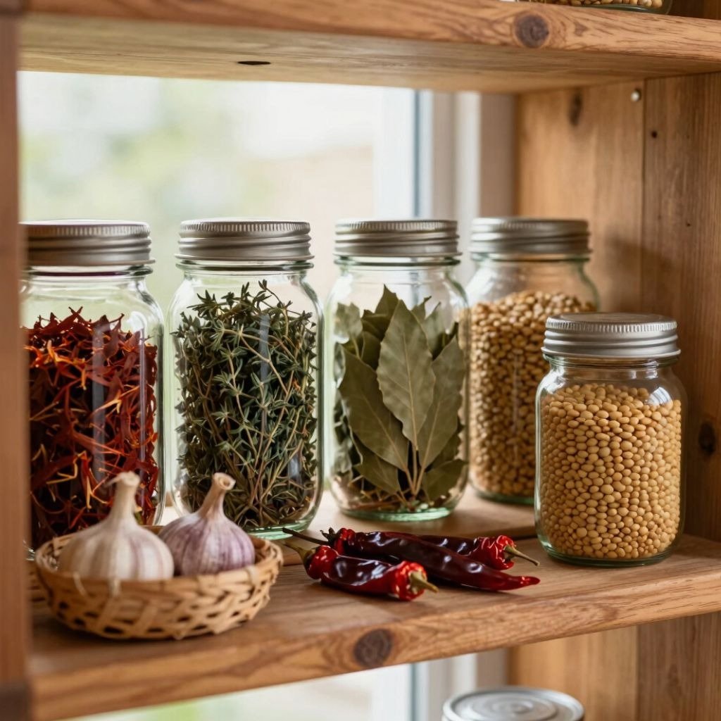 Glass spice jars with bay leaves, thyme, and saffron on a wooden shelf next to garlic bulbs and drie