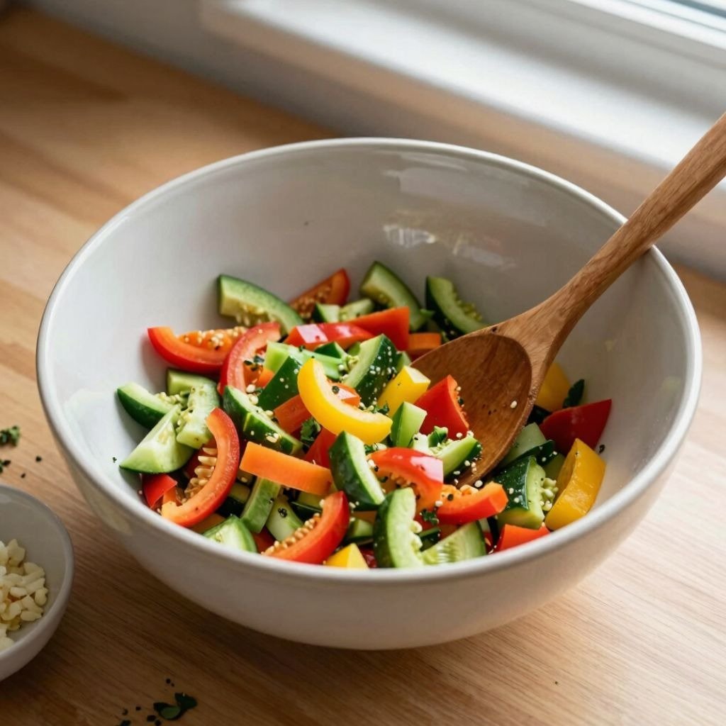 Fresh chopped vegetable salad with sliced cucumbers and colorful bell peppers in a white bowl with a