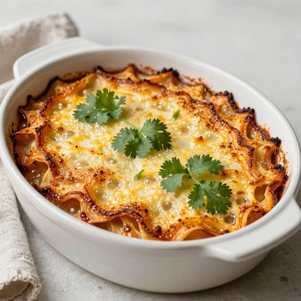 Golden baked pasta casserole with melted cheese and fresh cilantro garnish in a white ceramic dish.