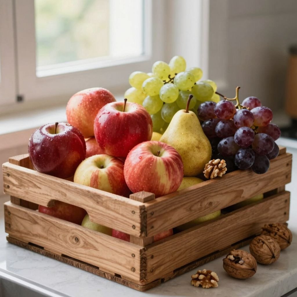 A rustic wooden crate filled with fresh red apples, yellow pears, green and purple grapes, and walnu