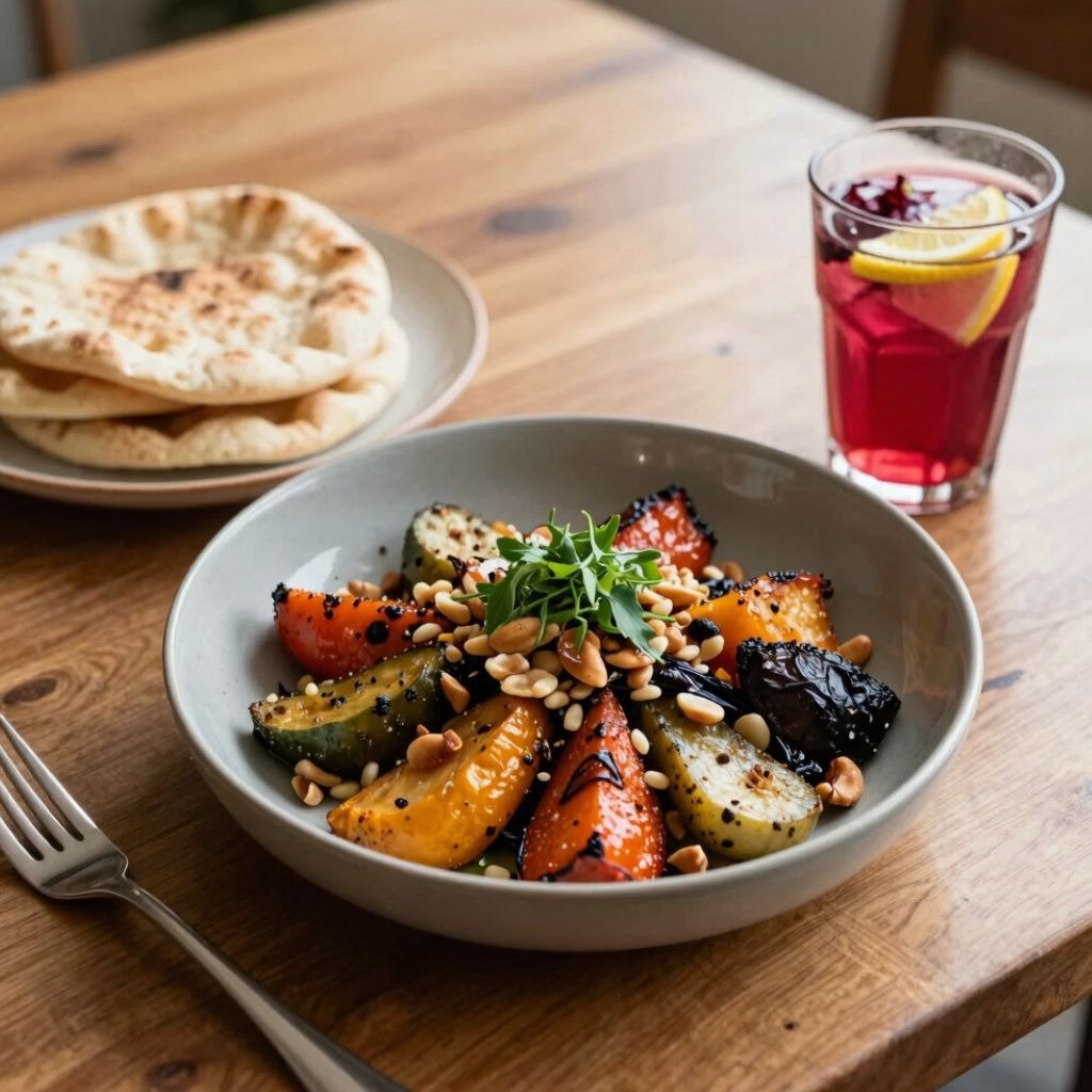 Roasted vegetable salad with pine nuts, fresh pita bread, and a glass of iced fruit tea on a wooden 