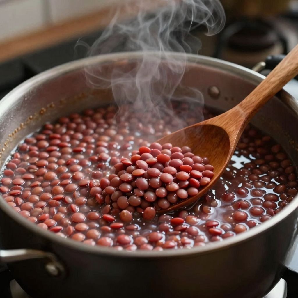 A wooden spoon lifting cooked red lentils from a steaming stainless steel pot of boiling water on a