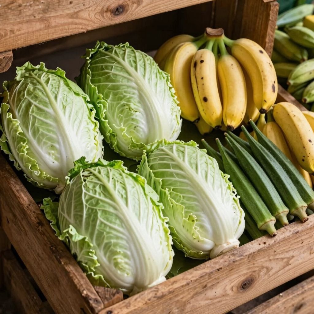 Fresh heads of Napa cabbage and a bunch of ripe yellow bananas displayed in a rustic wooden crate at