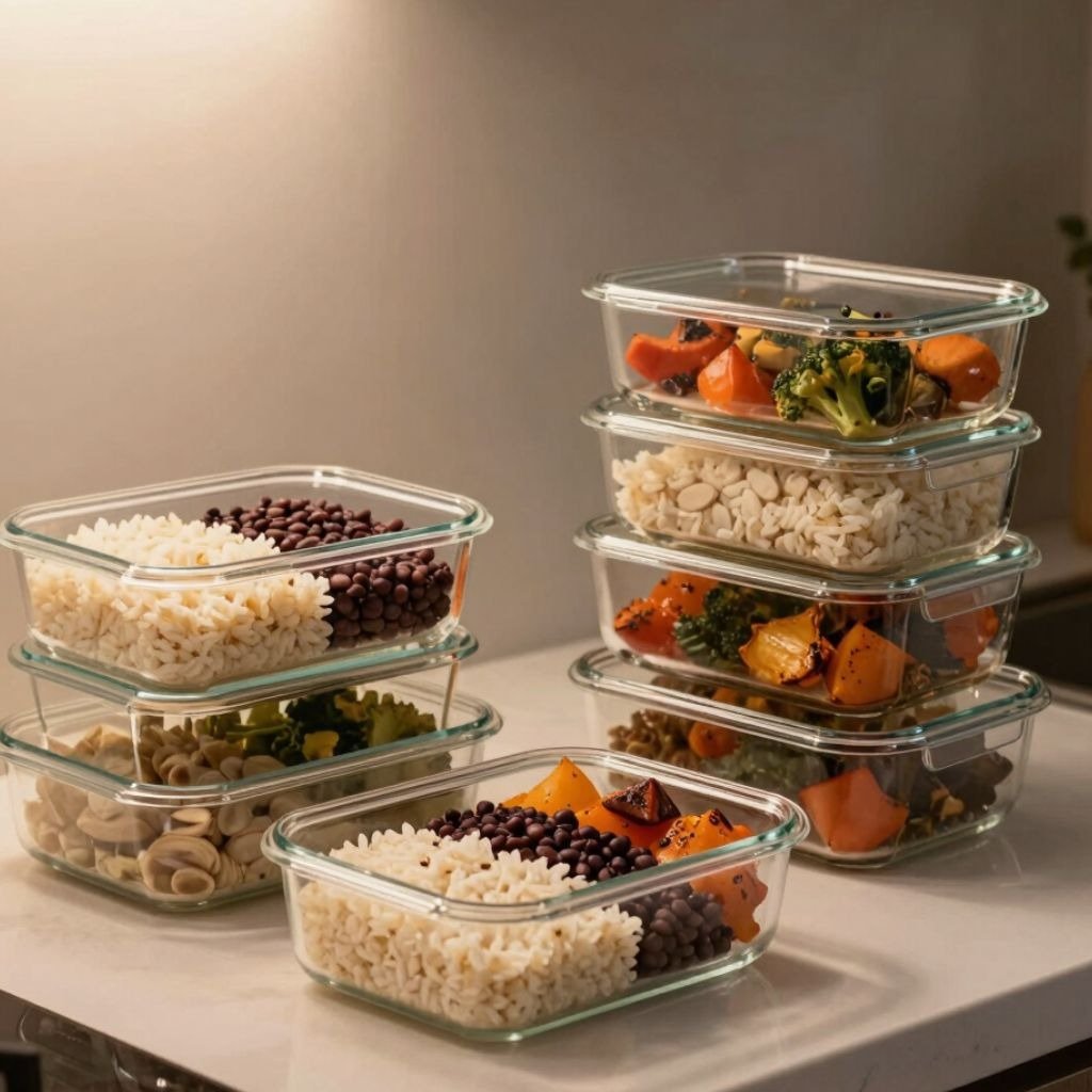 Glass meal prep containers filled with rice, black beans, roasted vegetables, and pasta on a clean k