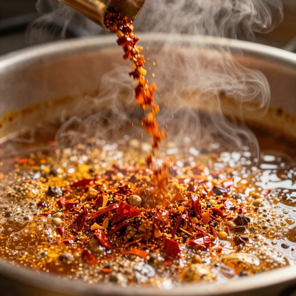 Crushed red chili flakes and spices being poured into a steaming pot of spicy Sichuan oil for a flav
