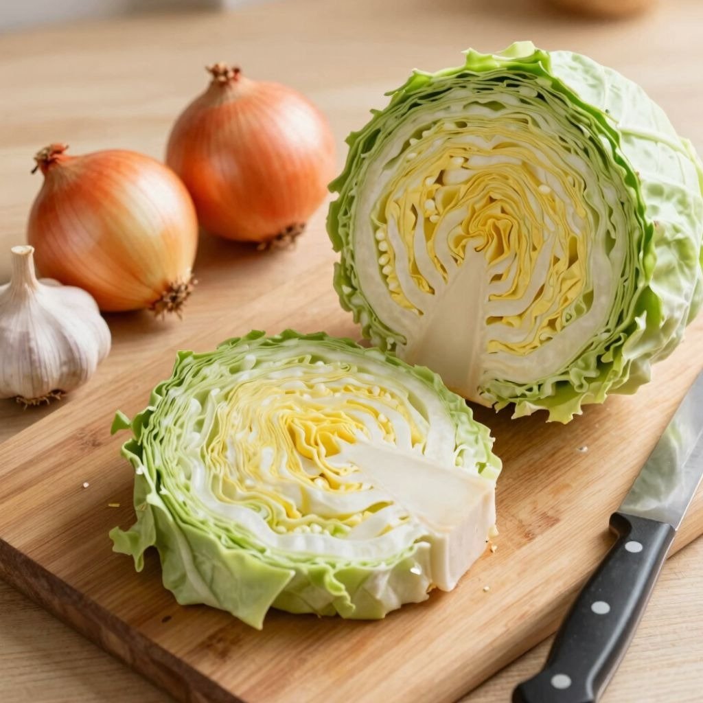 Fresh green cabbage sliced in half on a wooden cutting board with two onions and a garlic bulb