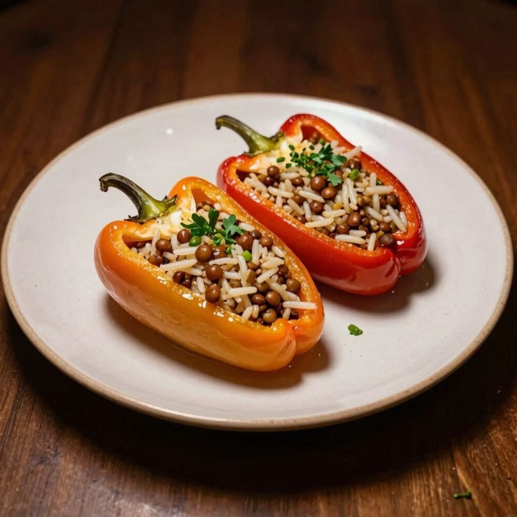 Two roasted bell peppers stuffed with a healthy mix of lentils and rice on a white plate over a rustic wooden table.