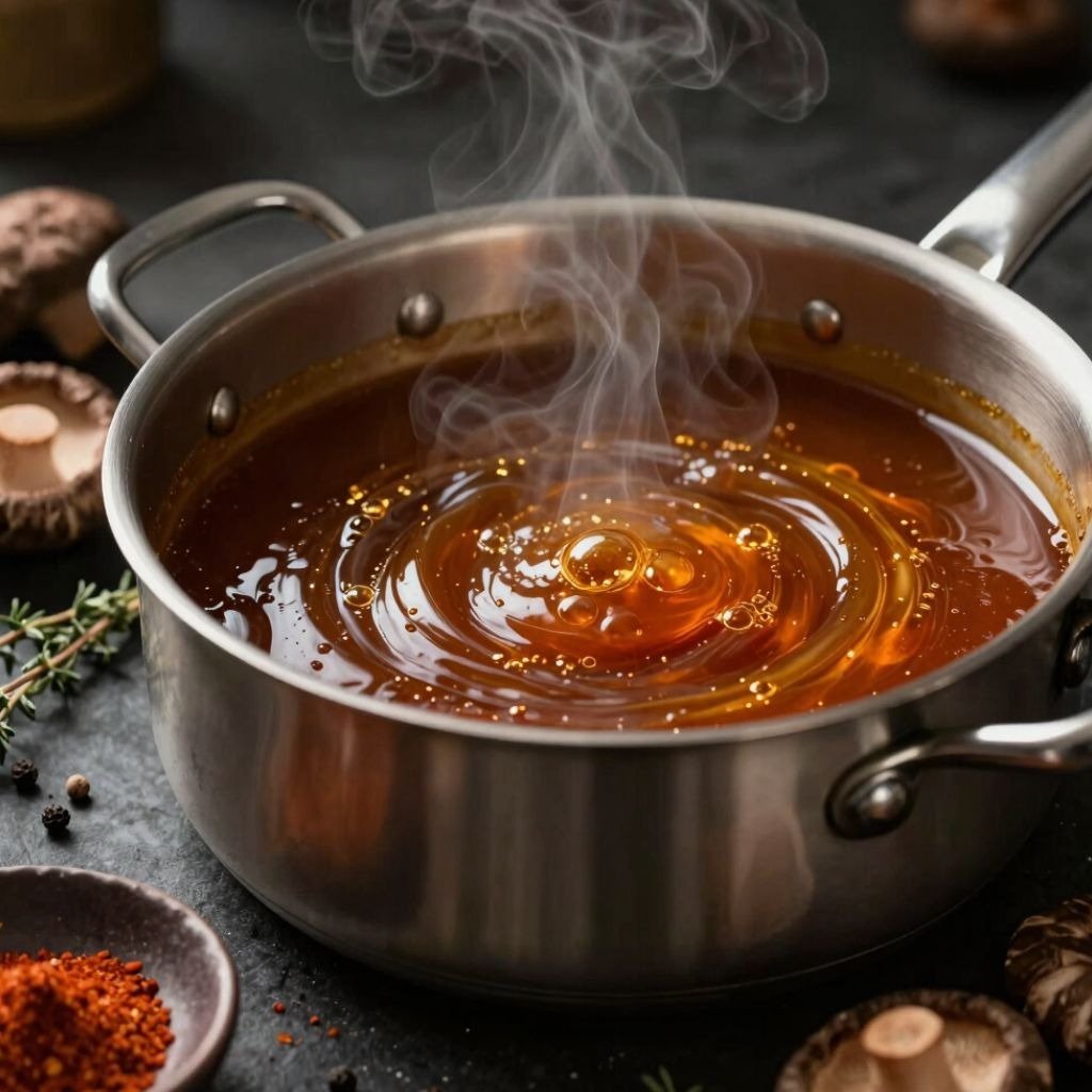 Hot steaming roux swirling in a stainless steel pot with mushrooms and spices.