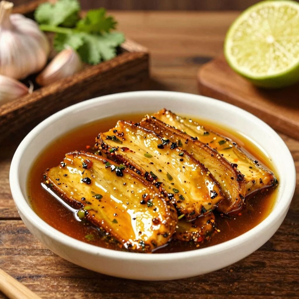 Marinated jackfruit in a savory soy glaze served in a white bowl with lime and garlic.