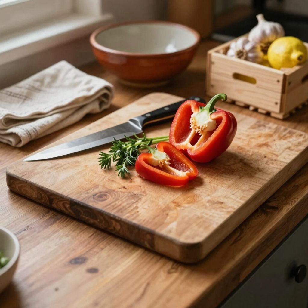 Sliced red bell pepper on a wooden cutting board with a kitchen knife, fresh herbs, and garlic in a