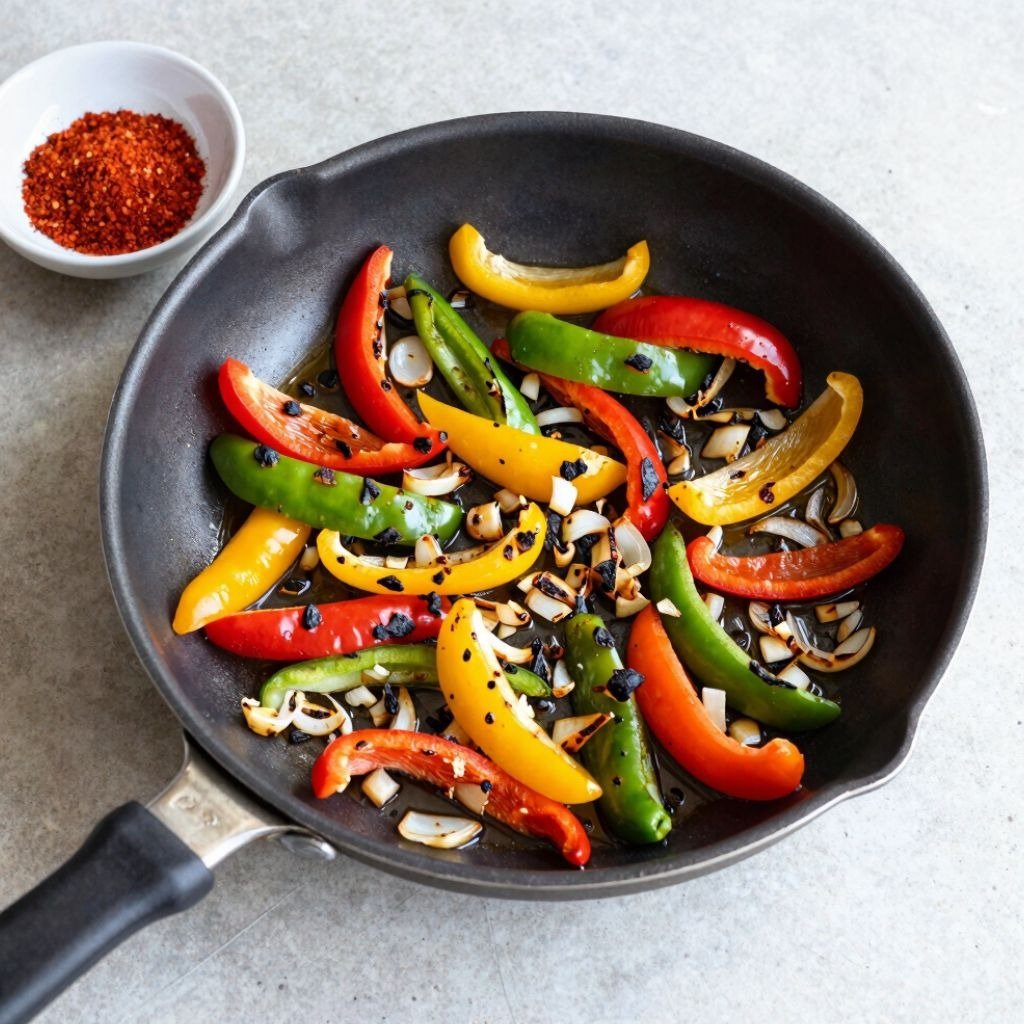 Sizzling colorful bell peppers and onions sauteing in a cast iron skillet with a side of red chili f