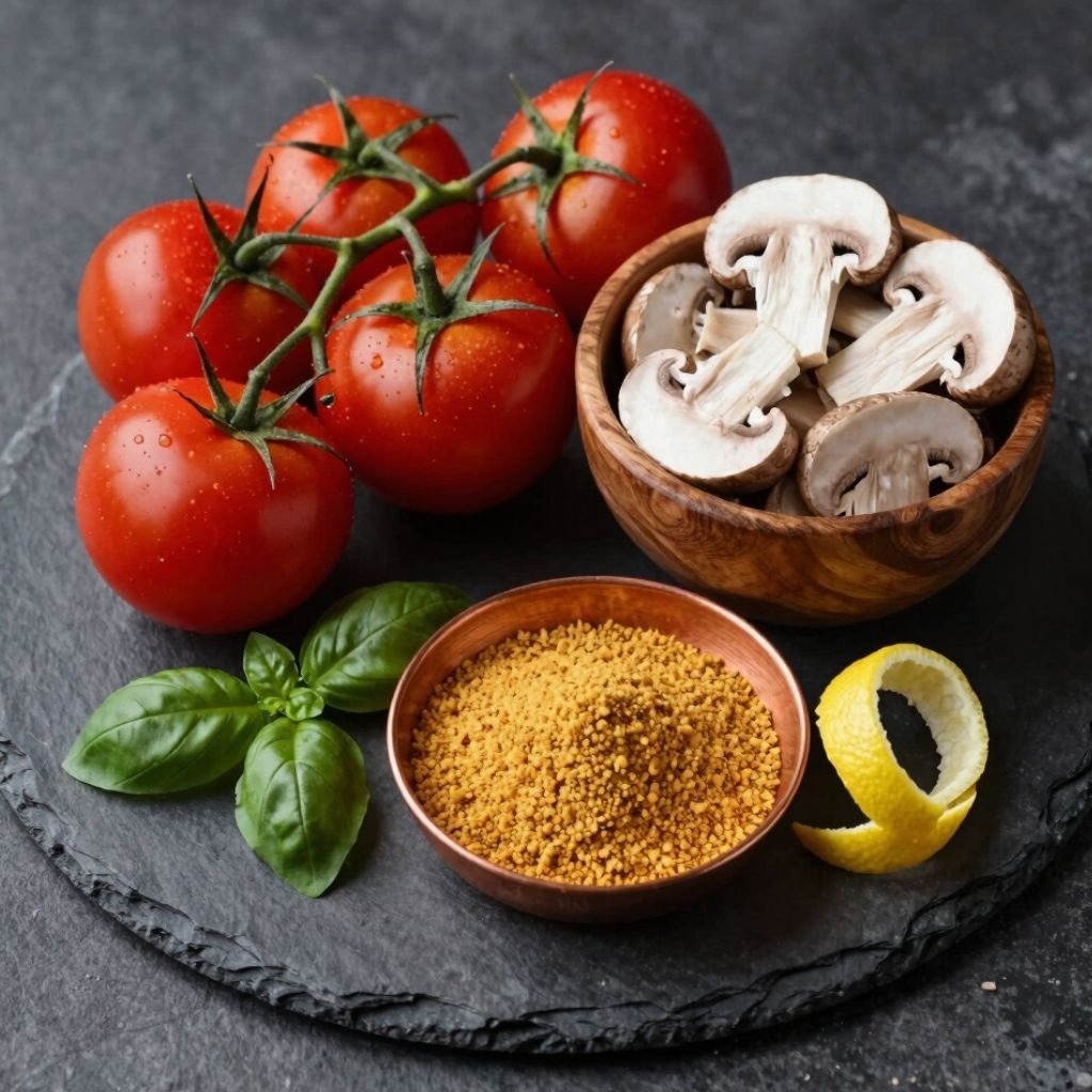 Fresh red tomatoes on the vine with sliced mushrooms, spices, basil, and lemon zest on a black slate
