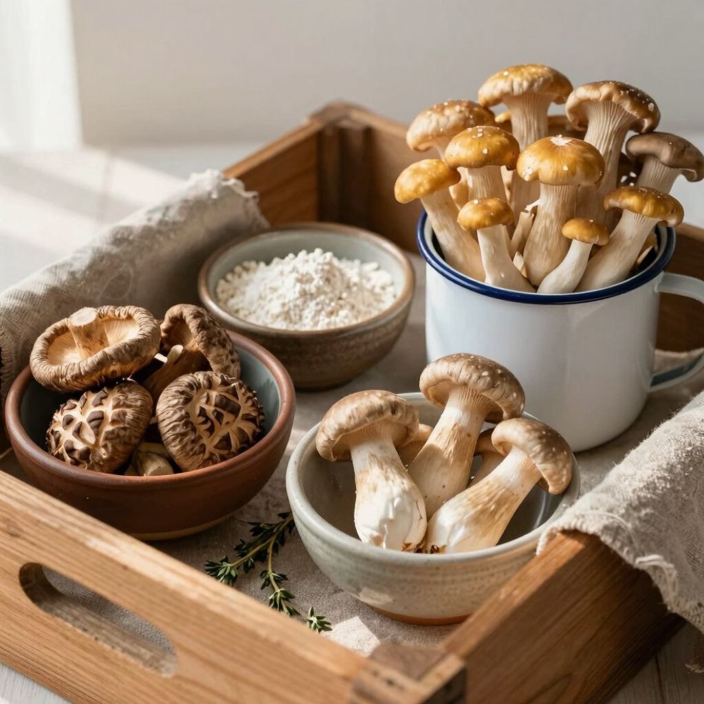 Fresh organic mushrooms including shiitake and king oyster in a wooden crate for rustic cooking.