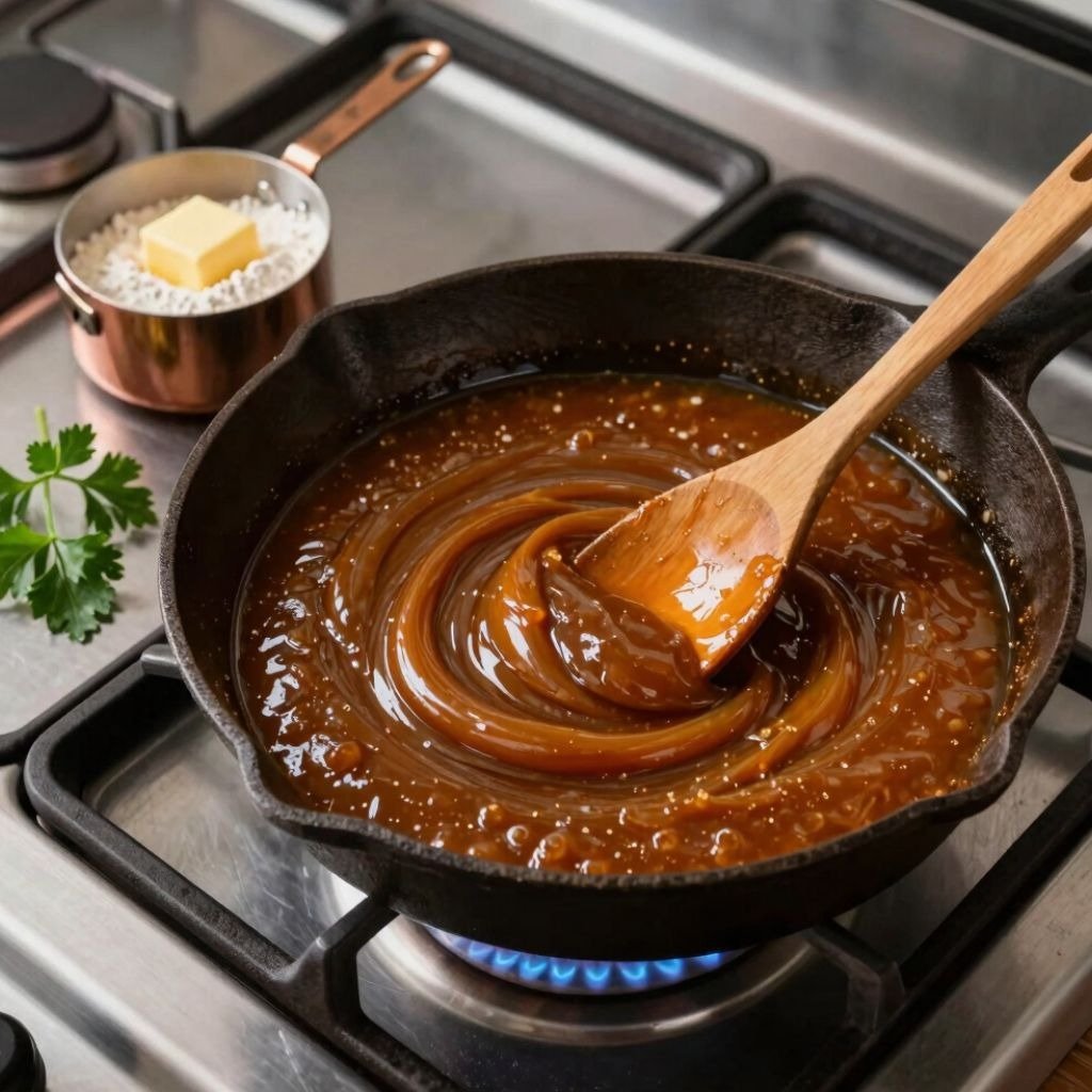 A wooden spoon stirring thick brown gravy in a cast iron skillet on a gas stove burner.