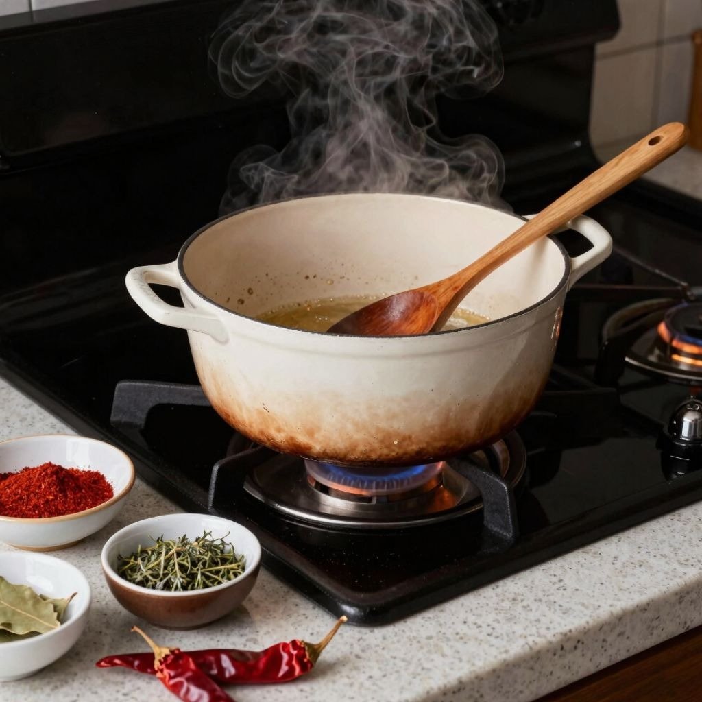 Steaming white dutch oven pot on a gas stove with a wooden spoon and bowls of spices for cooking a d