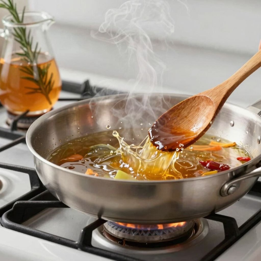 A wooden spoon stirs steaming hot savory broth with vegetables in a stainless steel skillet on a gas stove burner.