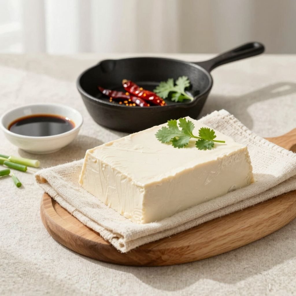 A block of fresh white tofu on a wooden board with soy sauce, chili peppers, and herbs for cooking.