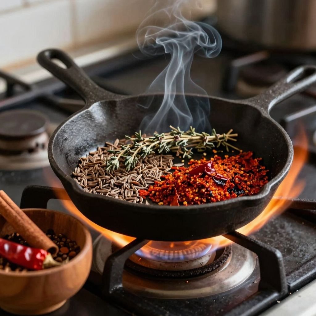 A cast iron skillet on a gas stove flame roasting aromatic cumin seeds, red chili flakes, and fresh