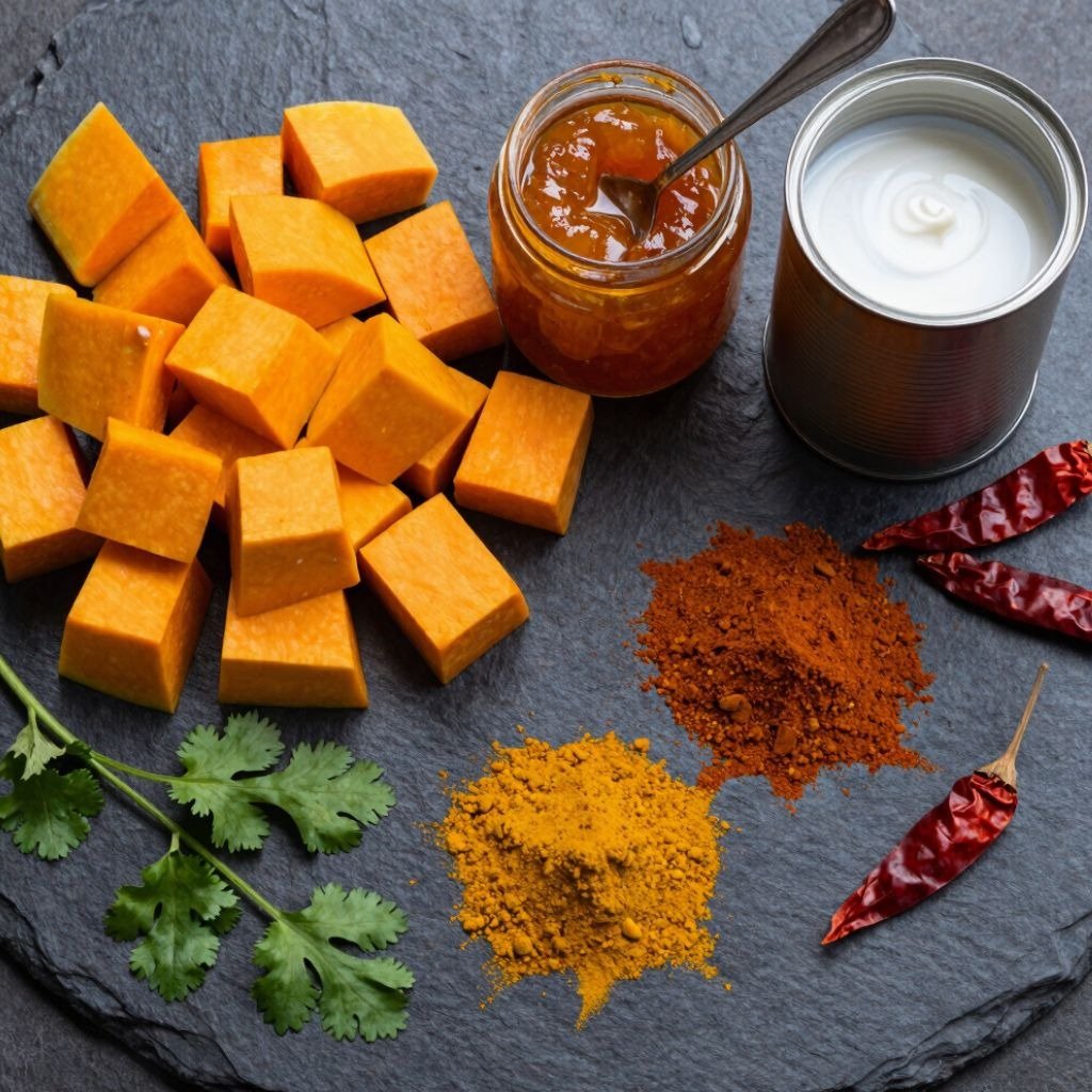 Diced butternut squash, turmeric and chili powder, and coconut milk on a slate board.