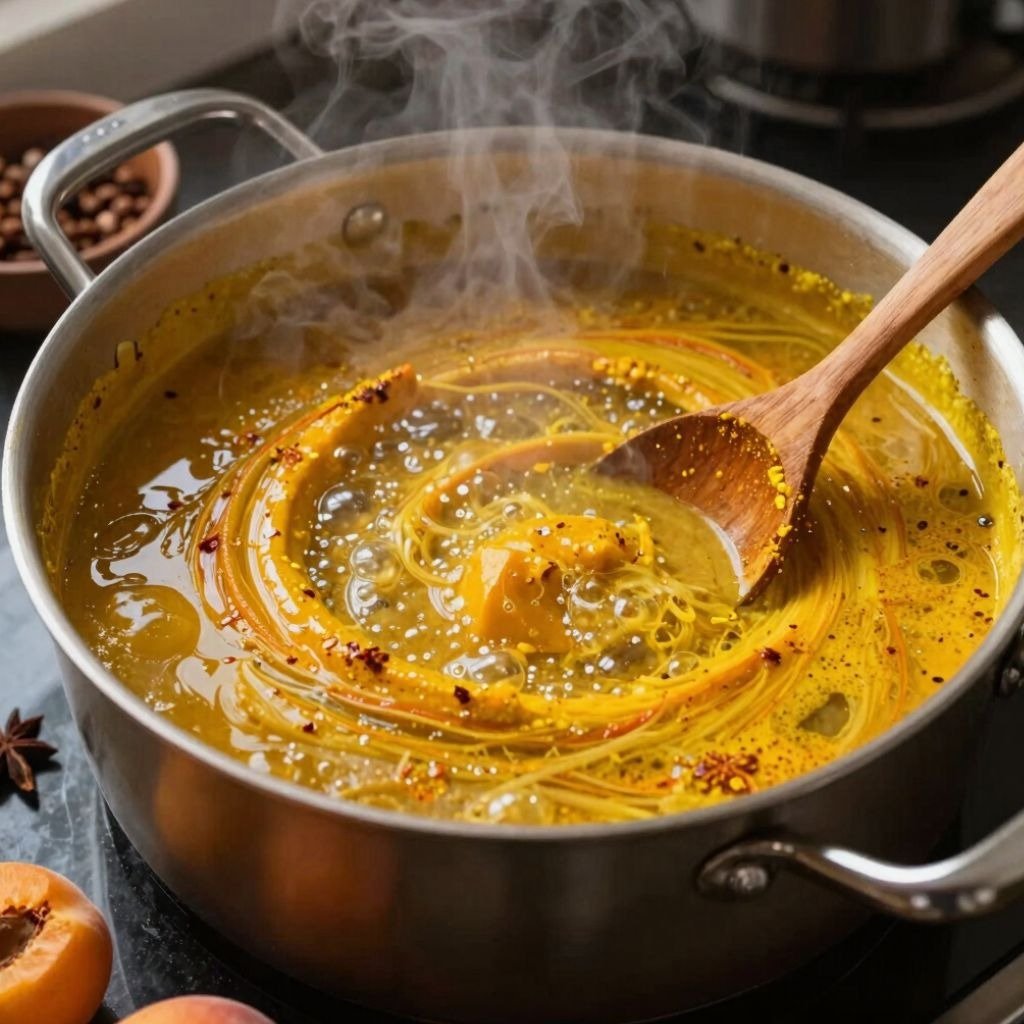 Creamy coconut milk pouring into a steaming pot of yellow corn soup on a stove with a wooden spoon.