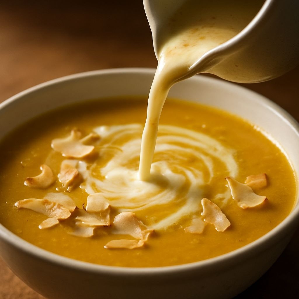Pouring cream into a bowl of creamy butternut squash soup topped with toasted coconut flakes.