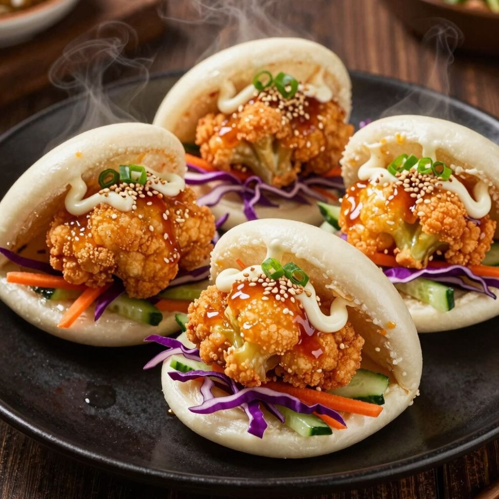 Four steaming vegan bao buns filled with crispy fried cauliflower, slaw, and spicy mayo on a dark plate.