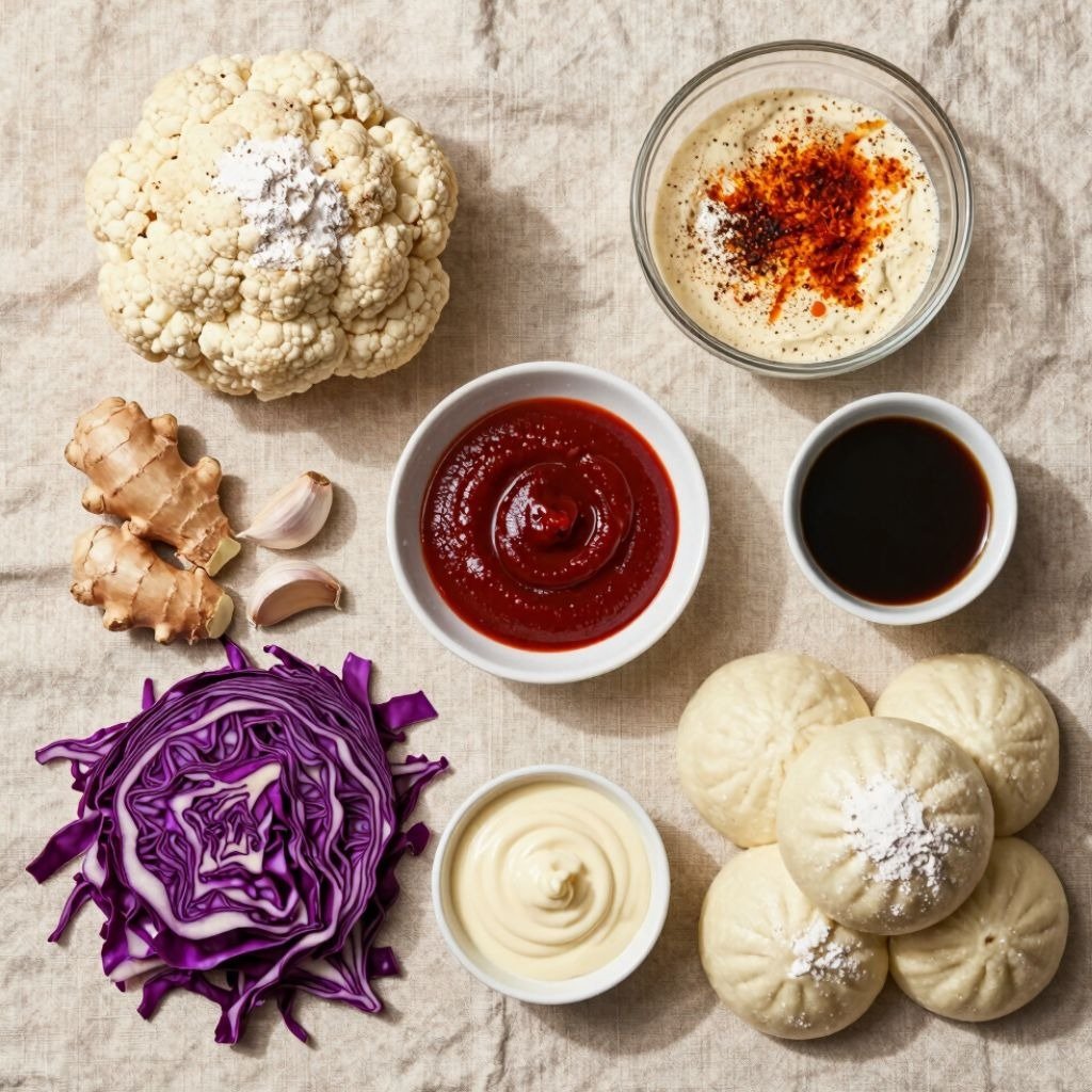 Flat lay of cauliflower, ginger, red cabbage, and bao buns with dipping sauces for a vegetarian meal.